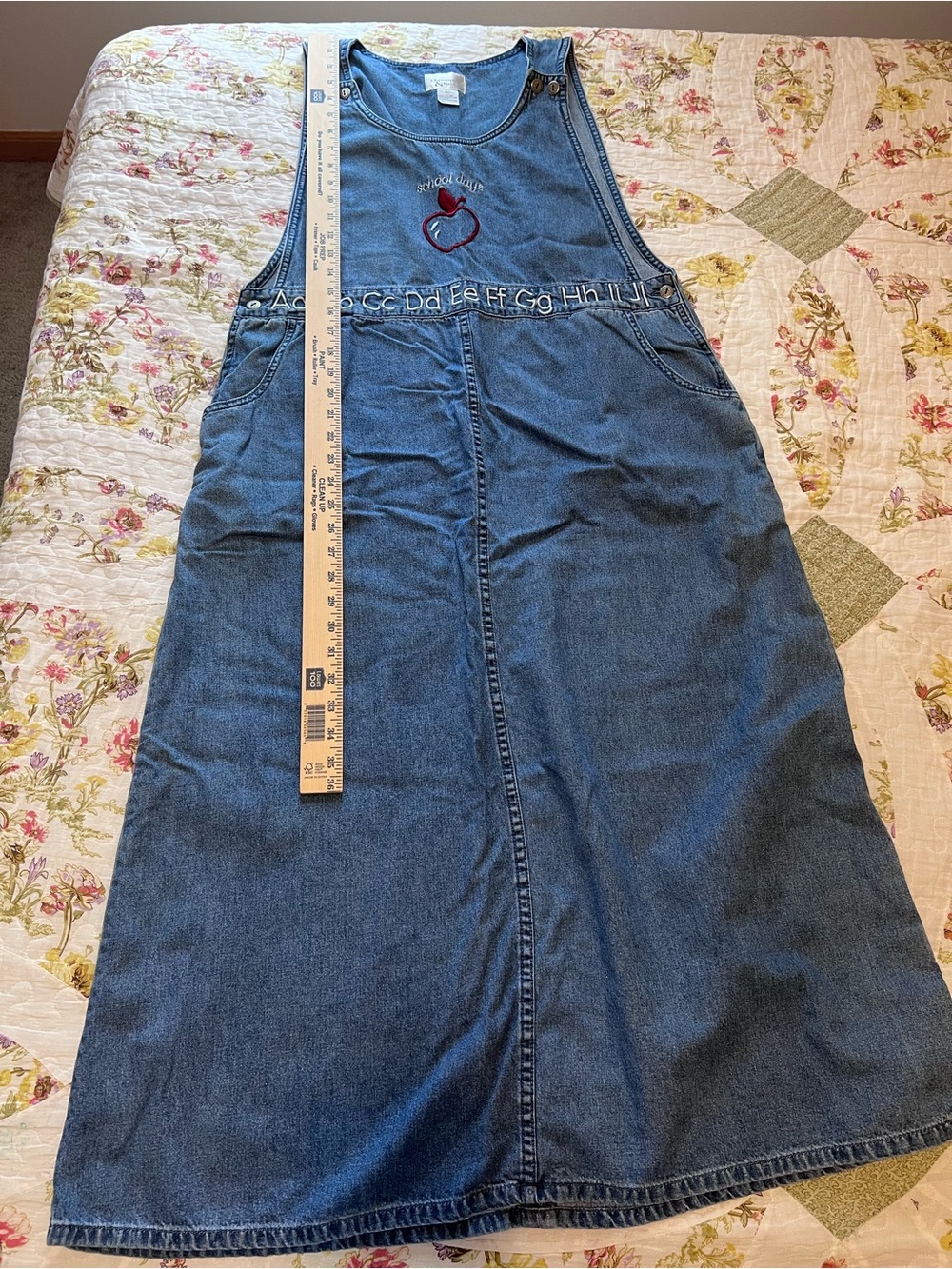 VTG Christopher & Banks Denim Jumper Dress Teacher School Days Apple Alphabet L - Picture 9 of 11